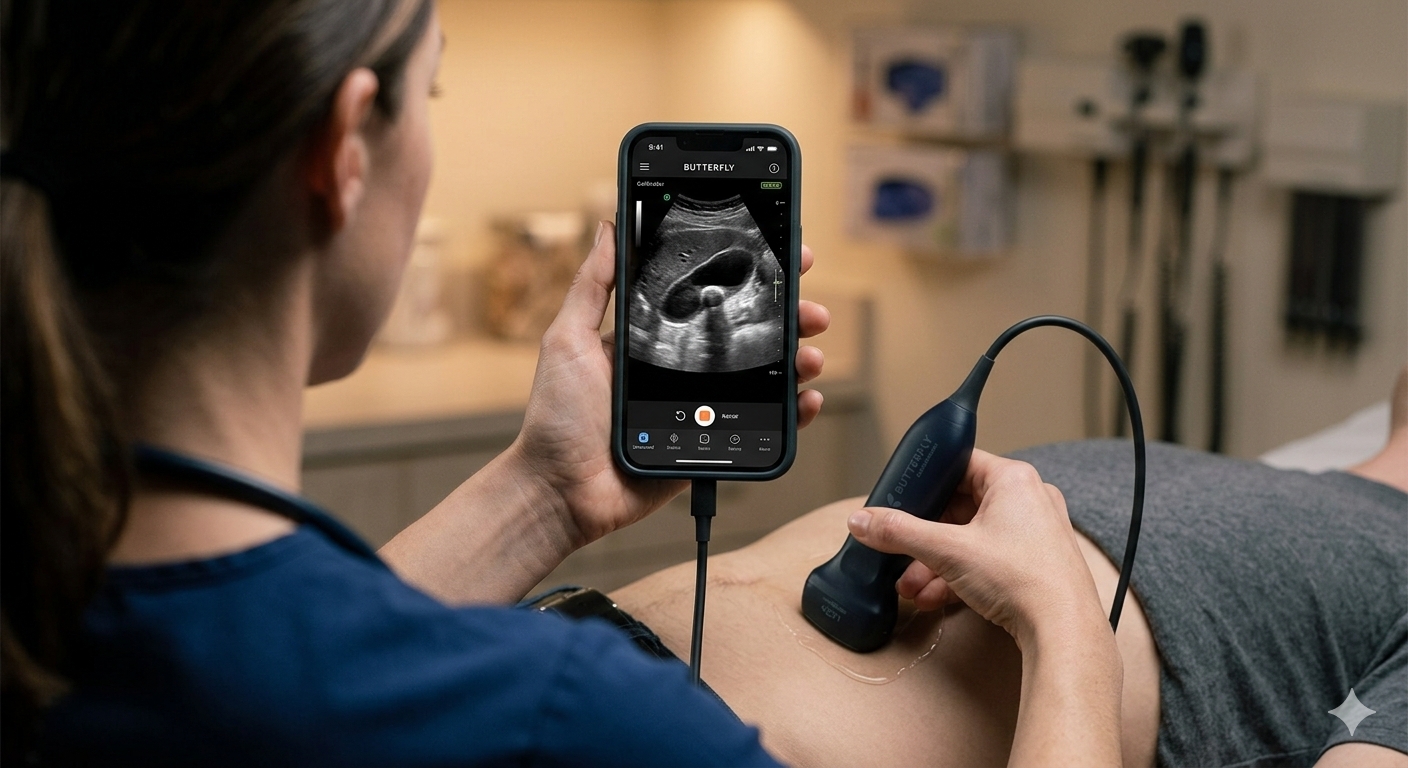 Physician performing bedside ultrasound with the Butterfly IQ+ device